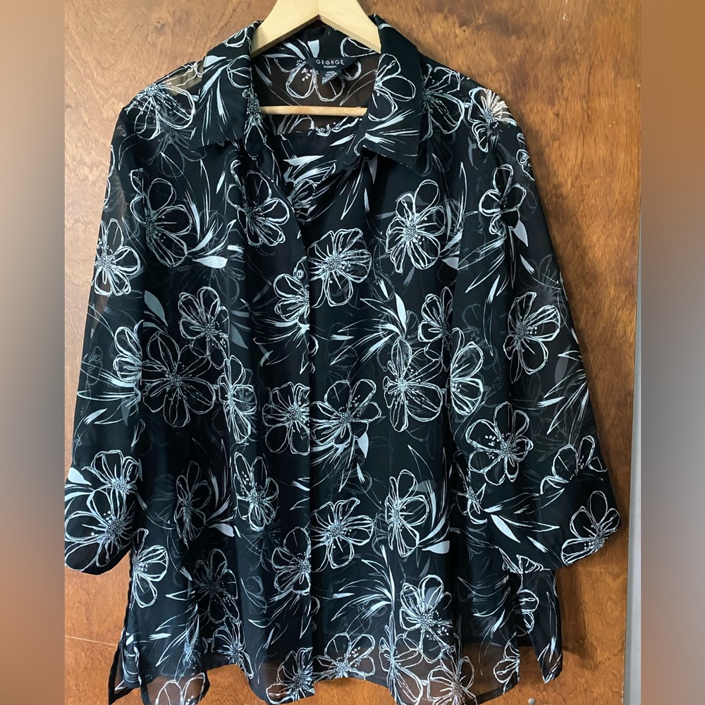 22w Blouse Set By George Black With White Flowers Tank Top And Blouse